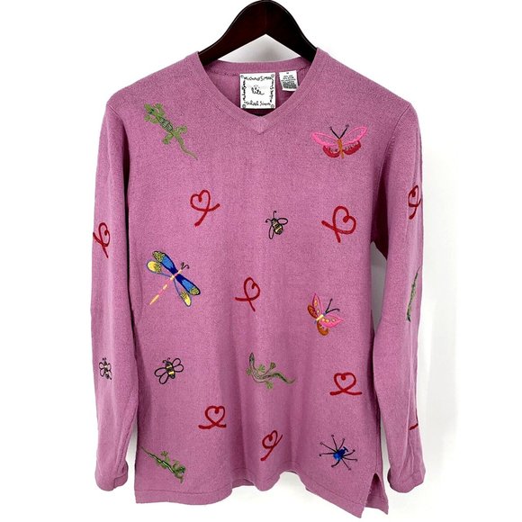 Vintage‎ Michael Simon Embroidered Butterfly Heart Bee Sweater Women Sz Medium - Picture 2 of 7